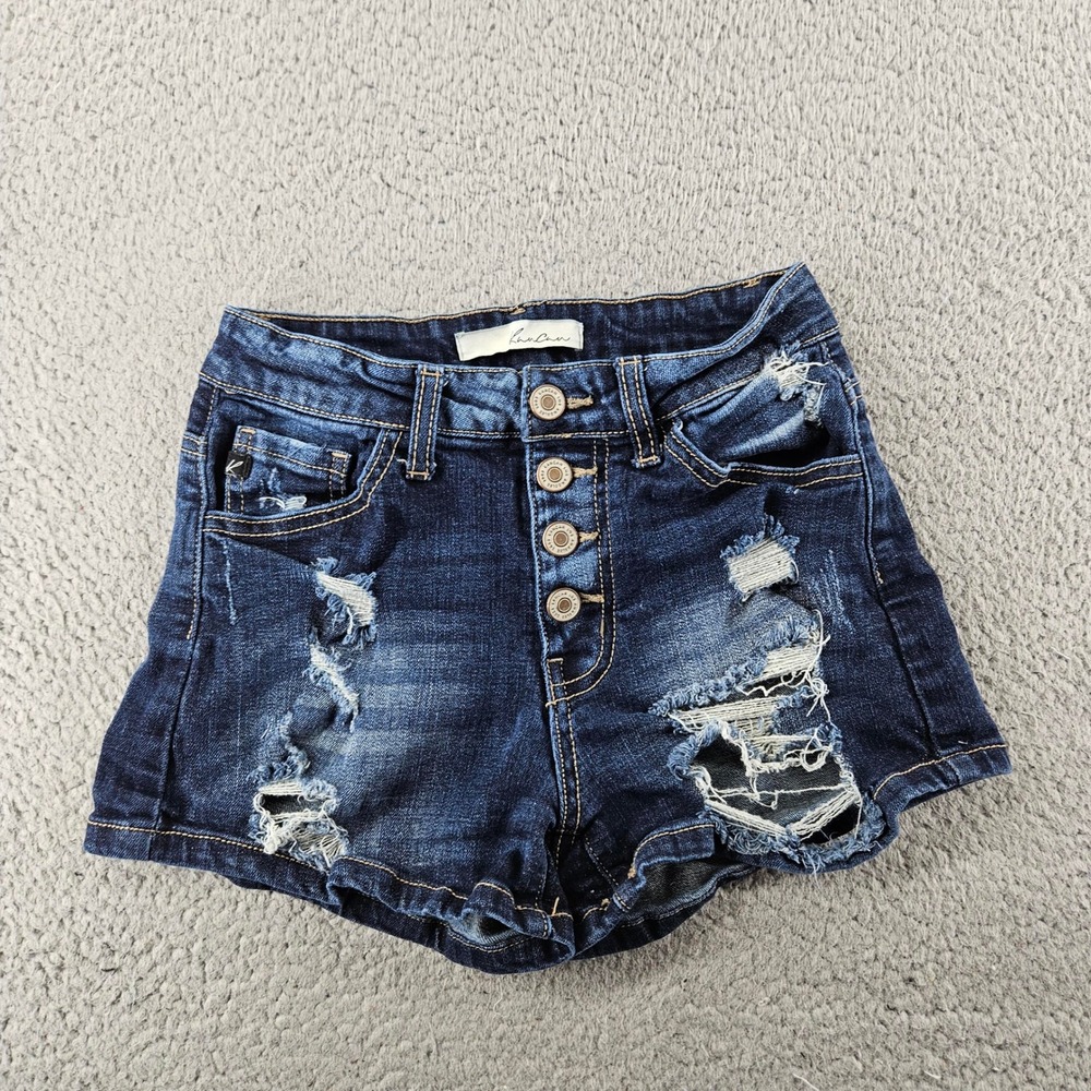 Kancan Mid Rise‎ Distressed Button Fly Denim Shorts Womens 25 Blue Stretch Beach